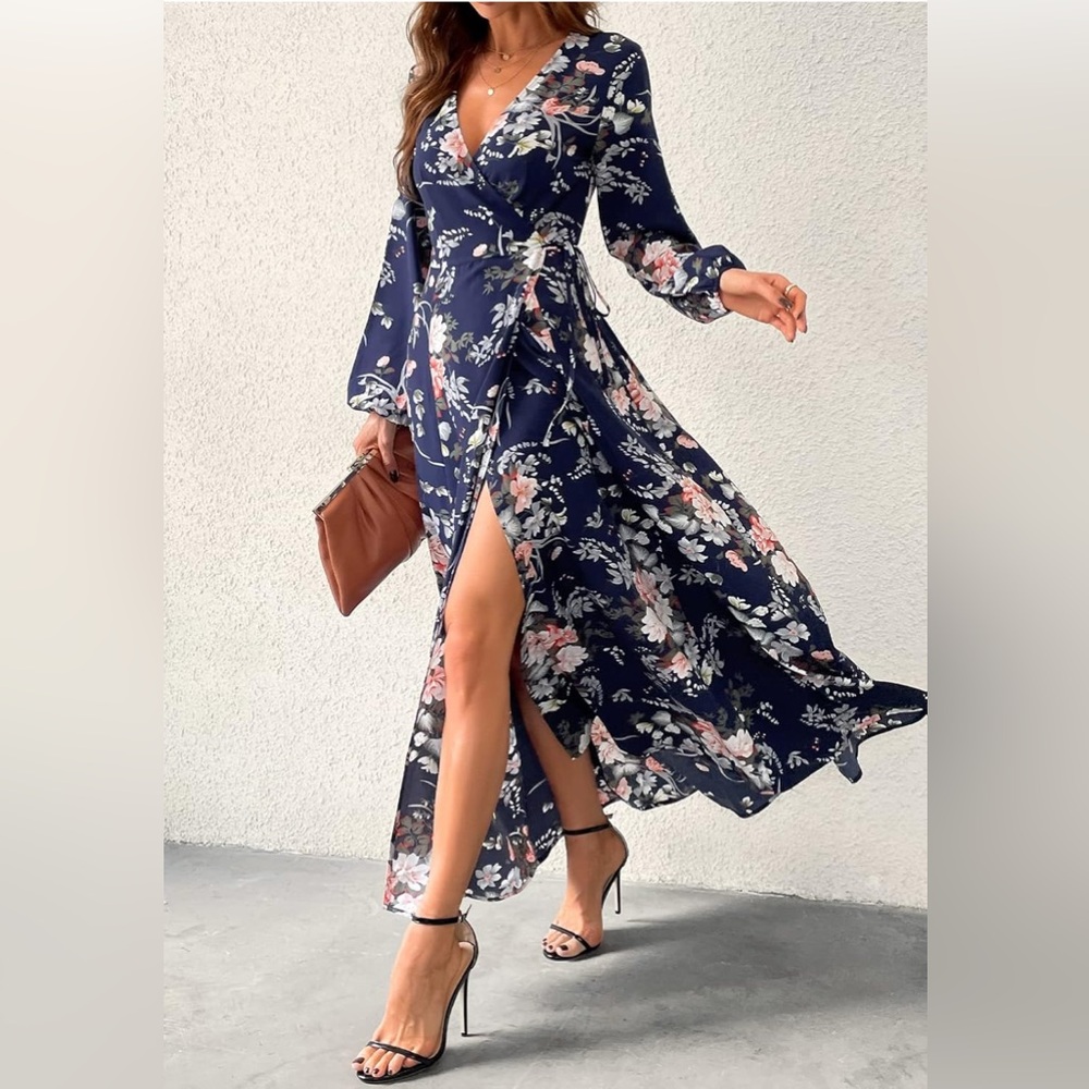 CUPSHE Floral Print Maxi Dress A-line Long Sleeves Wrap Dress- size M (8-10) - Picture 15 of 16